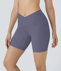 High Waisted Crossover Side Pocket Yoga Shorts