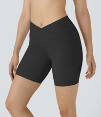 High Waisted Crossover Side Pocket Yoga Shorts